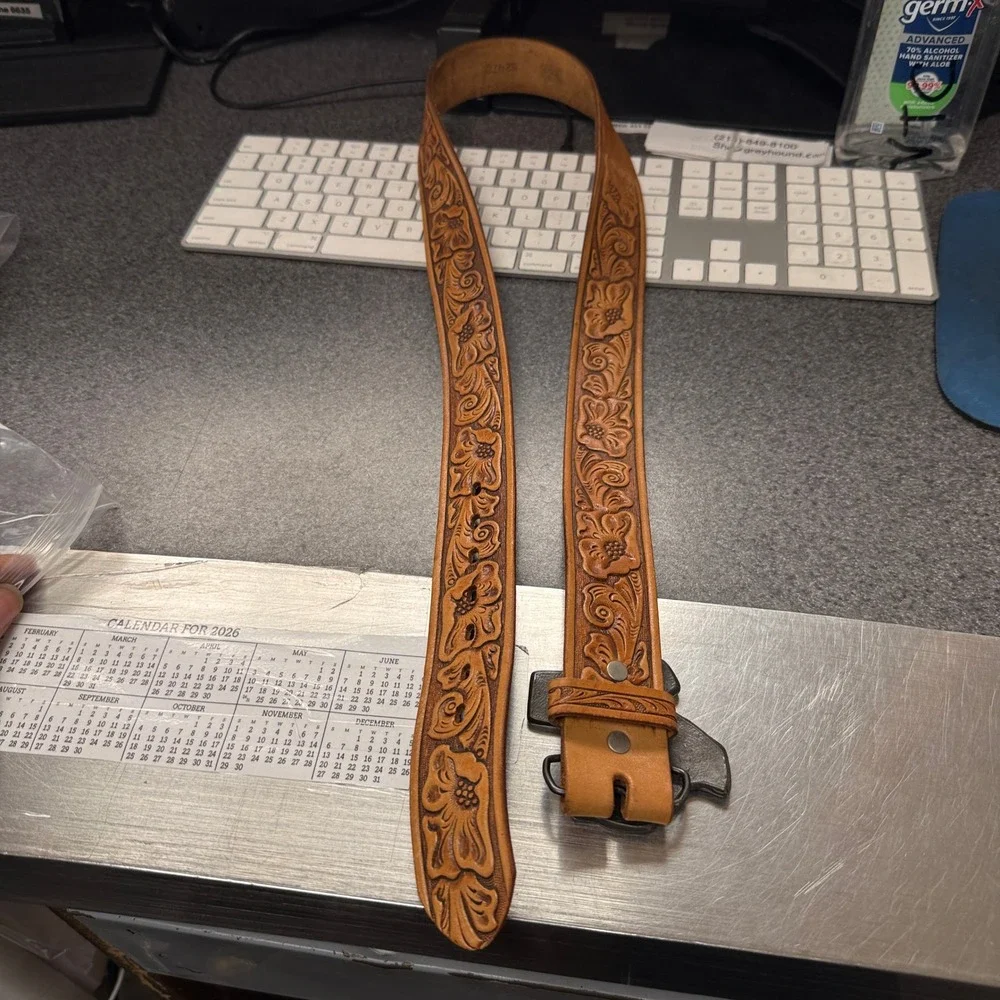 Genuine Leather Floral Tooled Belt Mens 40 Tan Good Texas Buckle Western Cowboy